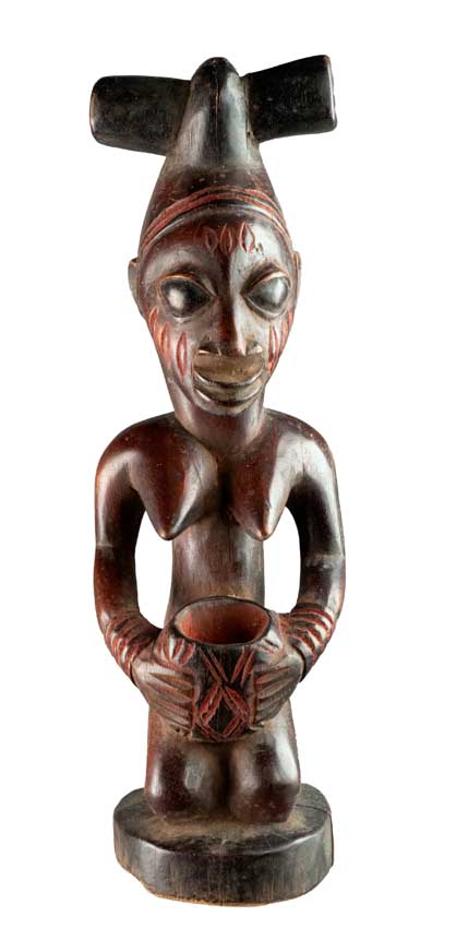 Porteuse de coupe Yoruba – Statue africaine en bois 30 cm