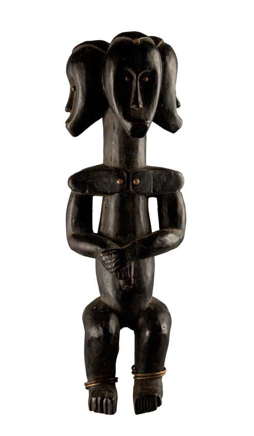 Statuette tricéphale africaine – Sculpture en bois à trois visages