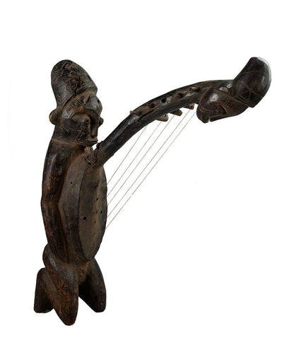 Ancienne harpe arquée africaine anthropomorphique – Instrument traditionnel en bois