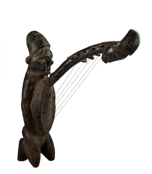 Ancienne harpe arquée africaine anthropomorphique – Instrument traditionnel en bois
