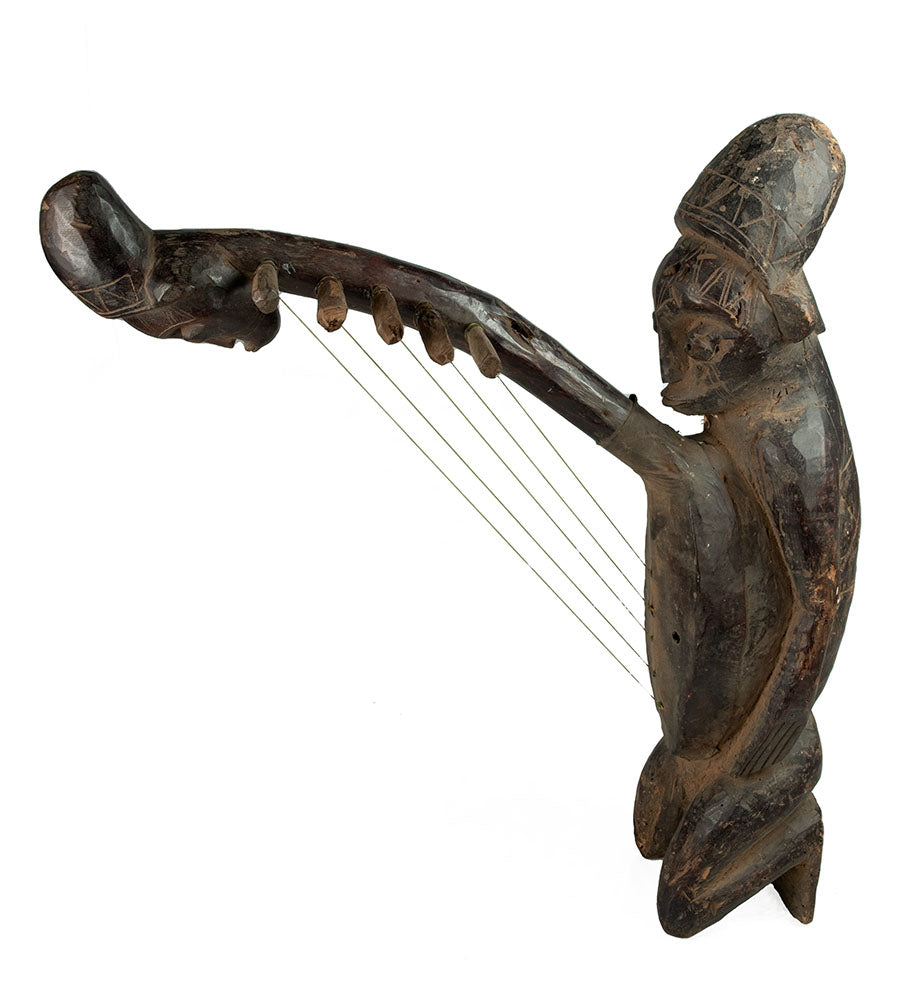 Ancienne harpe arquée africaine anthropomorphique – Instrument traditionnel en bois