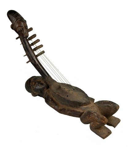 Ancienne harpe arquée africaine anthropomorphique – Instrument traditionnel en bois