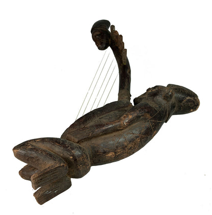Ancienne harpe arquée africaine anthropomorphique – Instrument traditionnel en bois