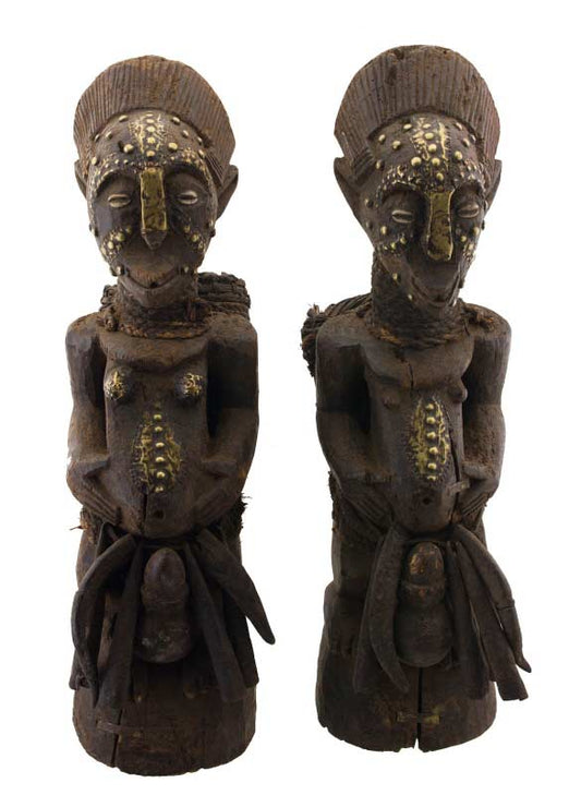 Statue africaine cultuelle Ibo – Sculpture en bois et placage laiton
