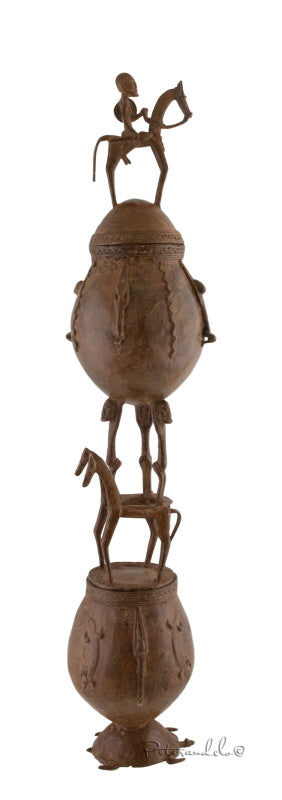 Pot à onguents Dogon en bronze – Ancêtre, cavalier et tortue, Mali